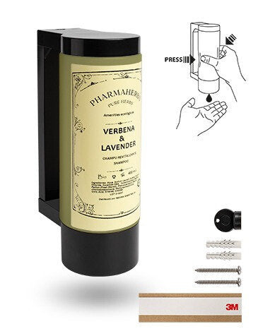 Soporte con botella dispensadora vacia para Champú de 400ml con Antirrobo