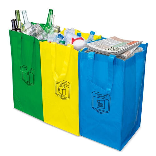 Set 3 bolsas de reciclaje, vidrio, plástico y papel-cartón.